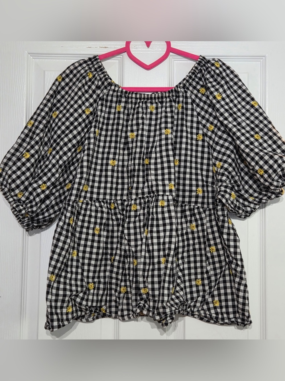Old Navy Gingham Daisy Embroidered Puff Sleeve Peasant Blouse Size XL